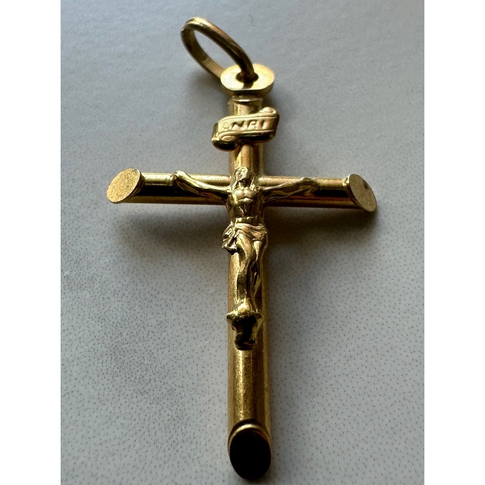 Vintage 18K Yellow Gold Italian Crucifix Pendant INRI Cross Charm 1.32g 750 AR‎
